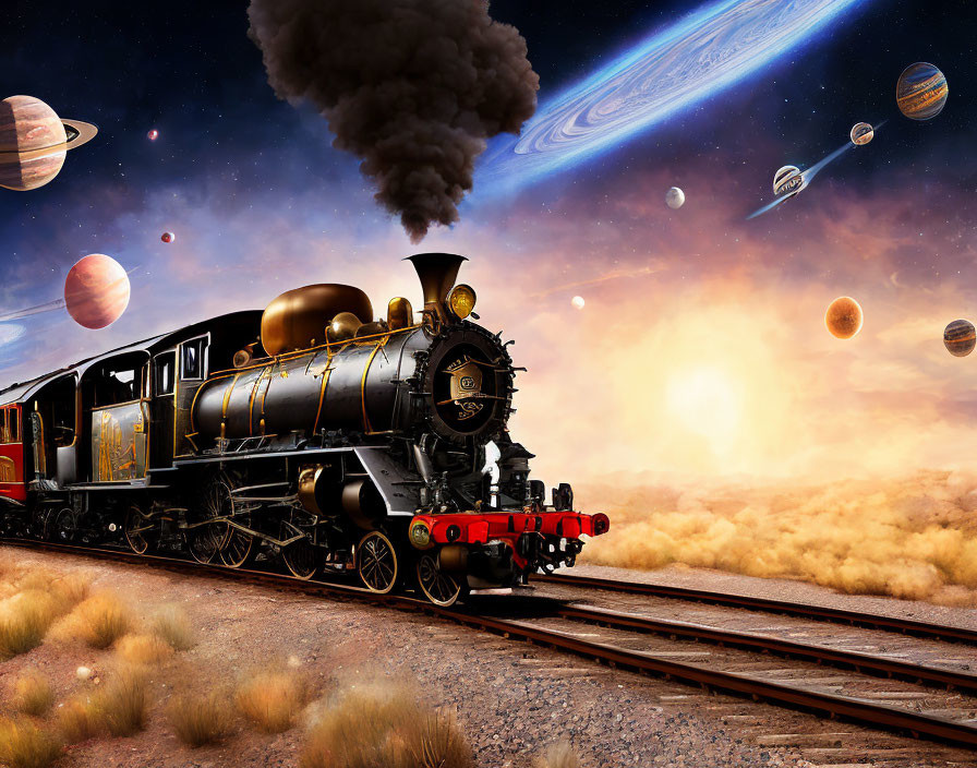 Steam locomotive on rail tracks under dramatic sky with planets, gas giant, and galaxy.