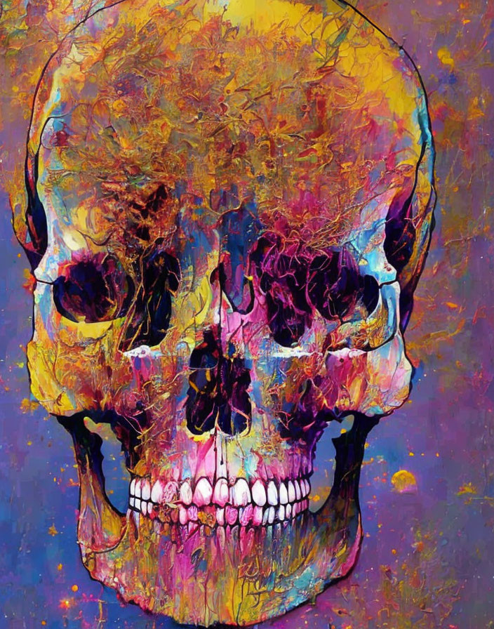 Colorful Skull Artwork with Intricate Textures in Purple, Yellow, and Blue