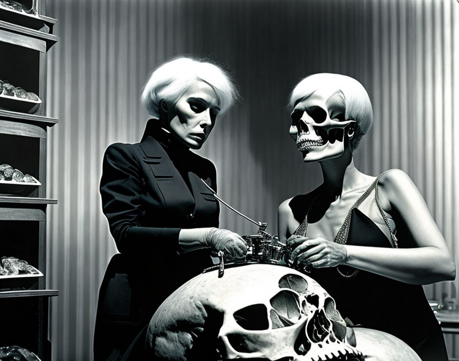 Two women in skull-like makeup perform mysterious activity on giant skull