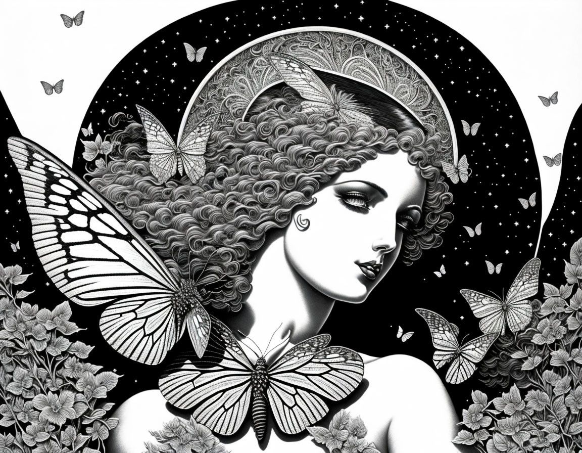 Monochromatic illustration of woman with curly hair and butterflies