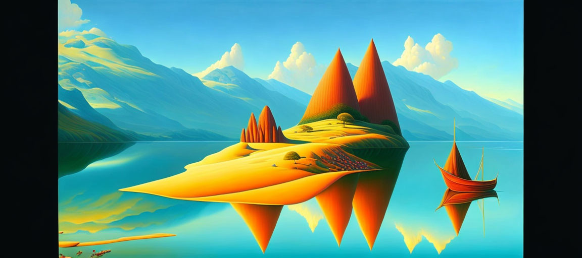 Surreal landscape with floating islands, calm lake, mountains, and ship with red sails