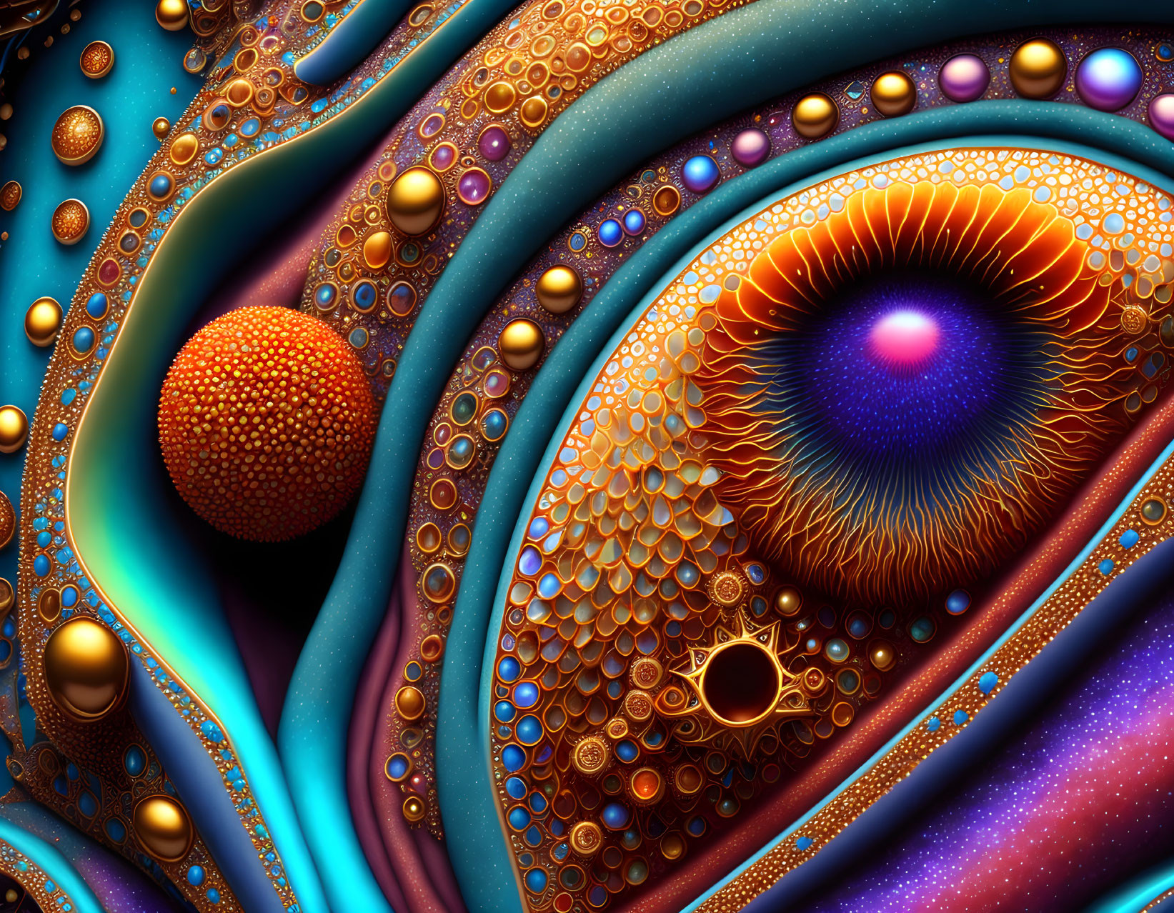 Intricate fractal image with eye-like structures and swirling lines in blue and orange hues