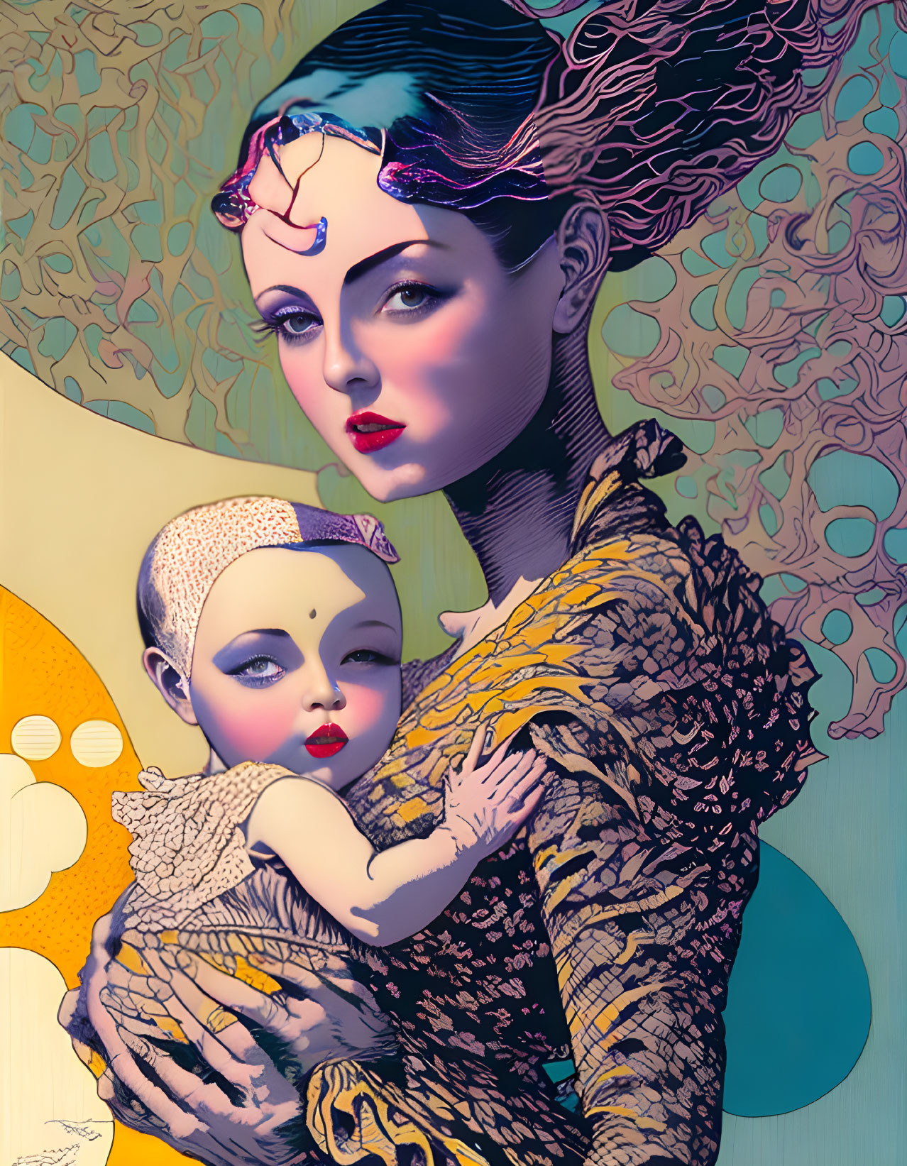 Woman and child with ornate headpieces in warm colors and abstract patterns