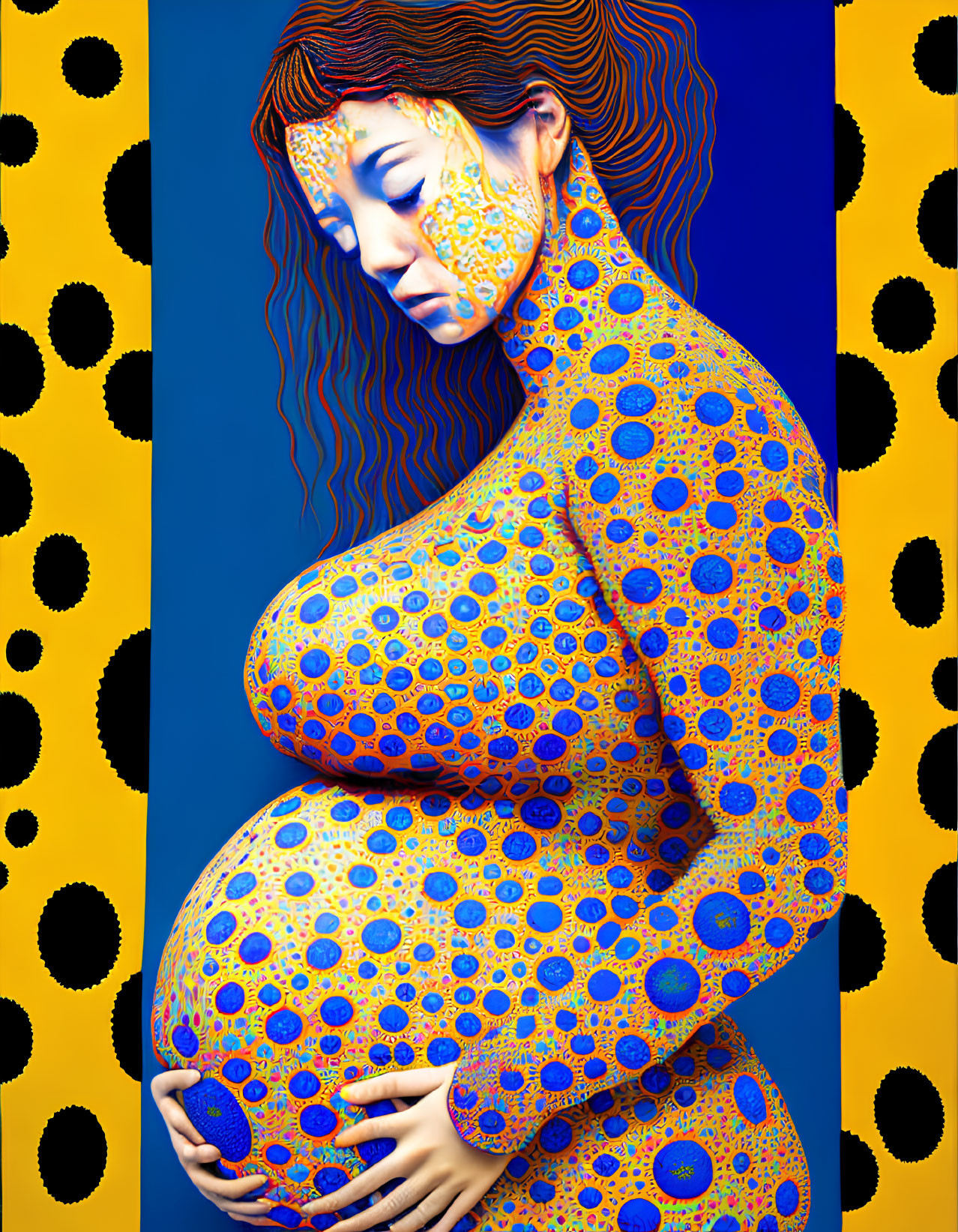 Vibrant digital artwork: pregnant woman with blue skin and orange patterns on blue and yellow backdrop