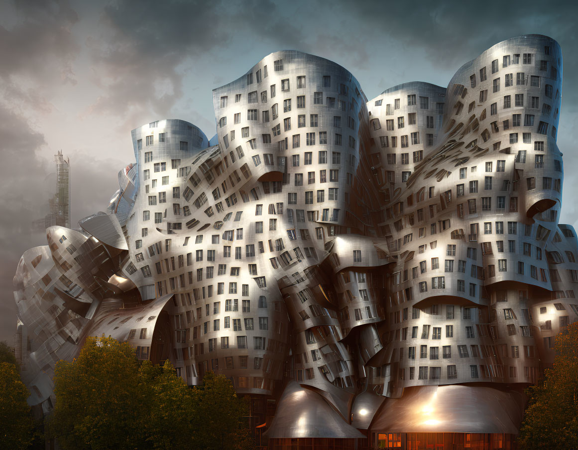 Modern silver futuristic buildings in cityscape under dramatic sky