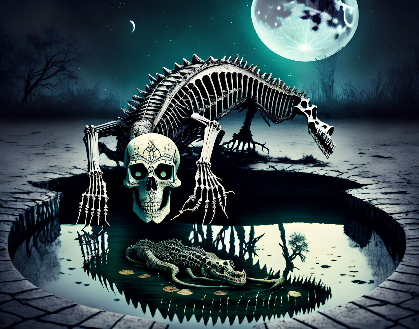 Surreal dinosaur skeleton, crocodile, and skull under night sky