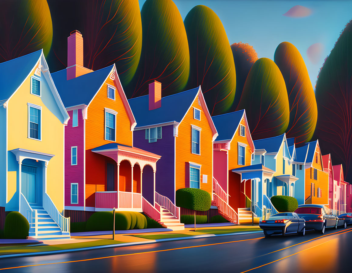 Vibrant suburban street scene with colorful houses, lush trees, and classic car at sunset