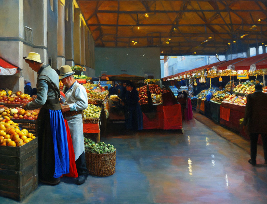 Vibrant indoor market scene with shoppers and colorful produce.