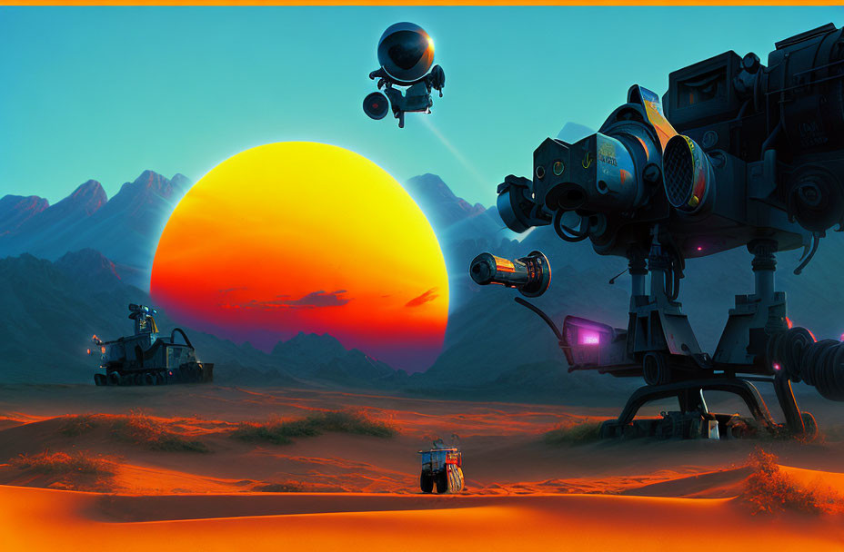 Futuristic robots watching vivid desert sunset