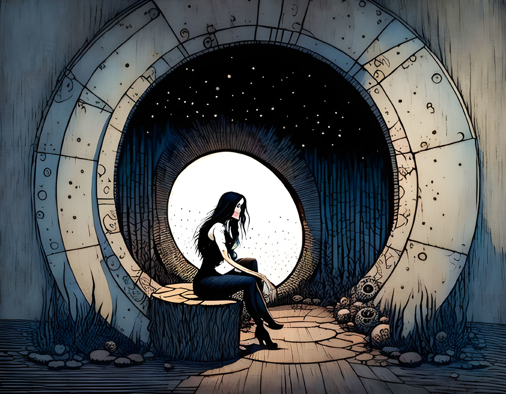 Woman sitting in circular wooden tunnel under starry sky