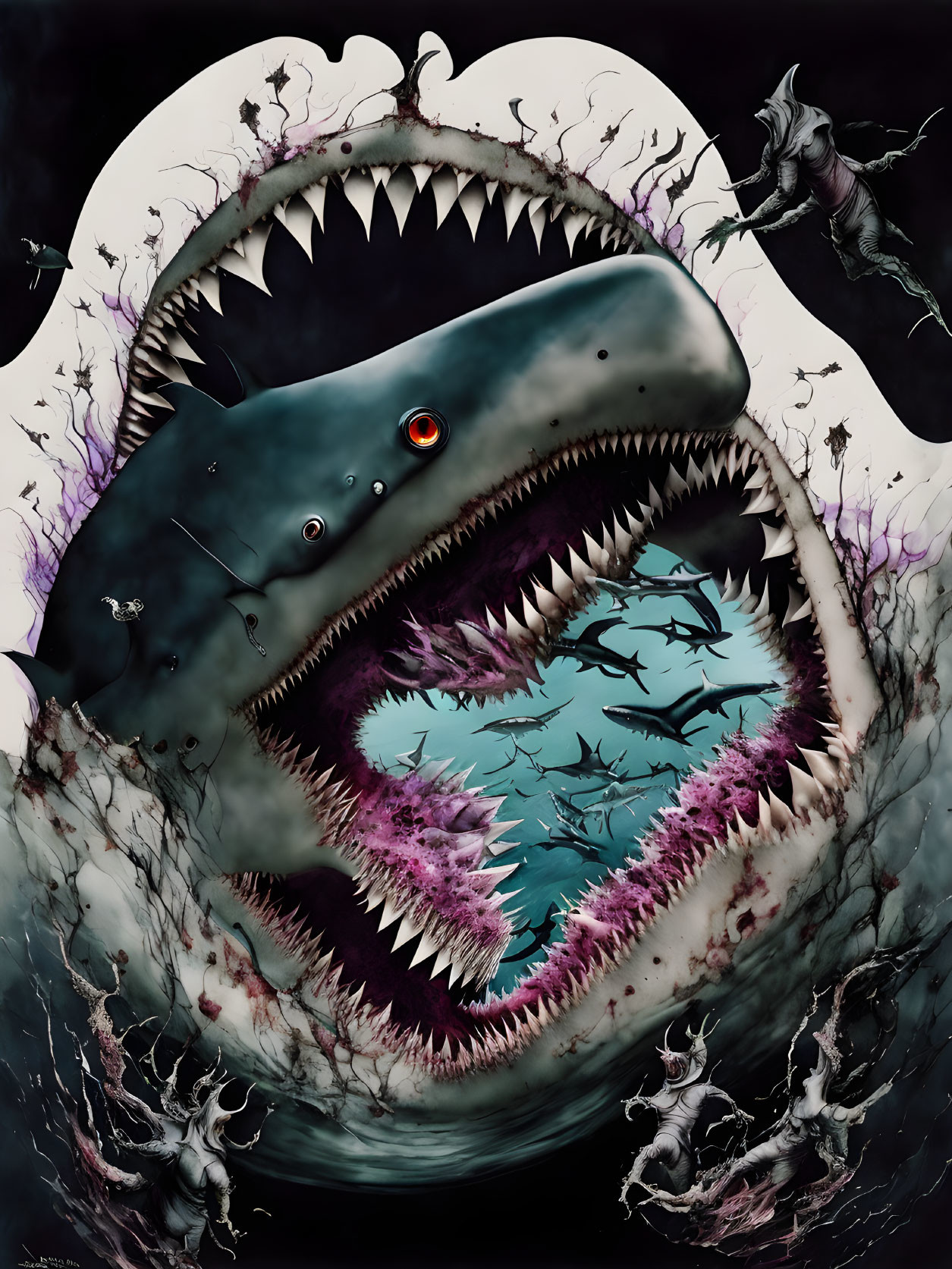 Detailed artwork of monstrous shark with multiple layers of teeth on dark backdrop.