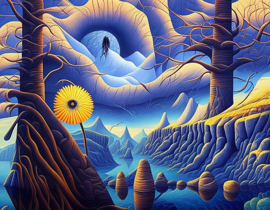 Surreal landscape with vibrant blue hues and eye-like cave figure