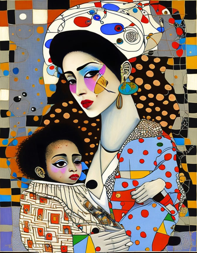 Colorful painting of woman and child with expressive eyes against geometric backdrop