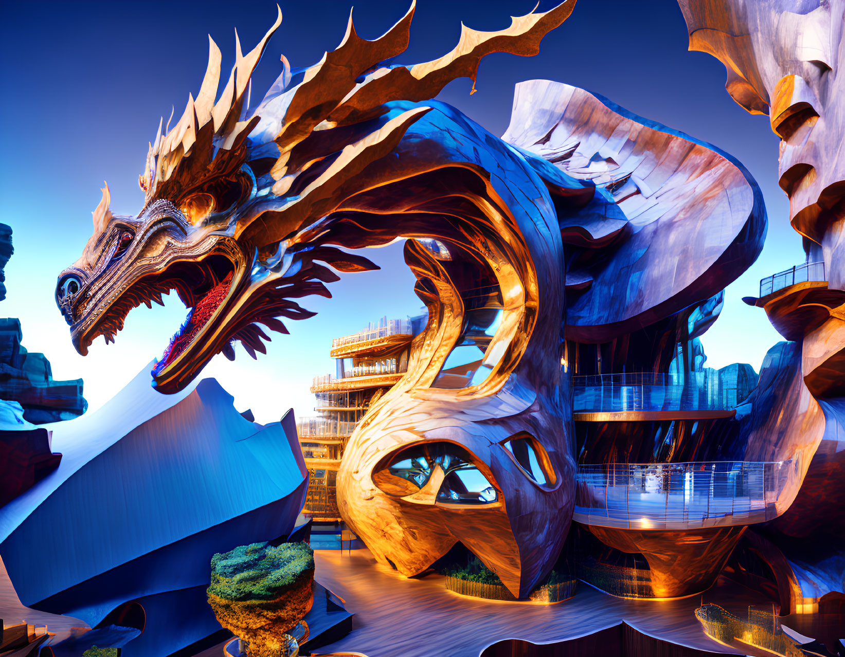 Metallic dragon sculpture in futuristic architecture at twilight