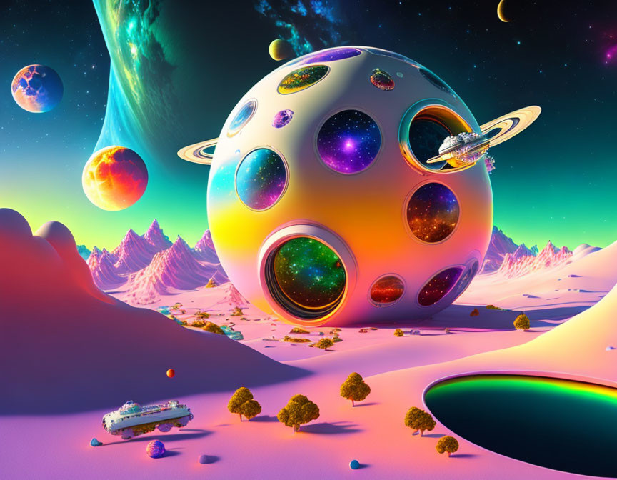 Vibrant sci-fi landscape with spherical structure and cosmic portals