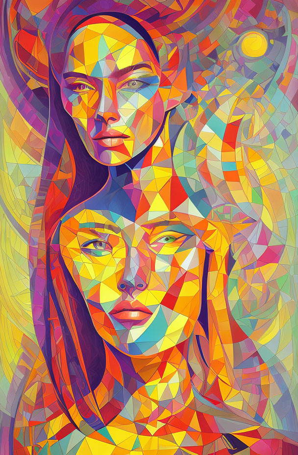 Vibrant geometric portrait of overlapping female faces with warm tones and sun motif