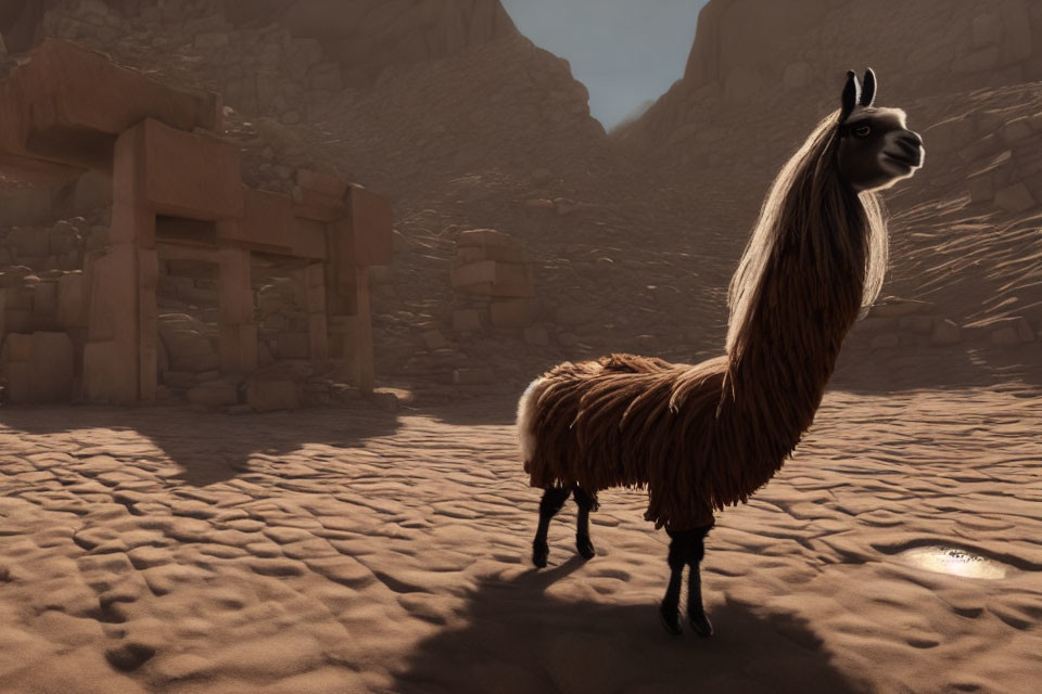 Llama in sandy terrain with ancient stone structures and rock formations.