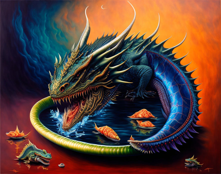 Majestic blue dragon in fiery fantasy scene