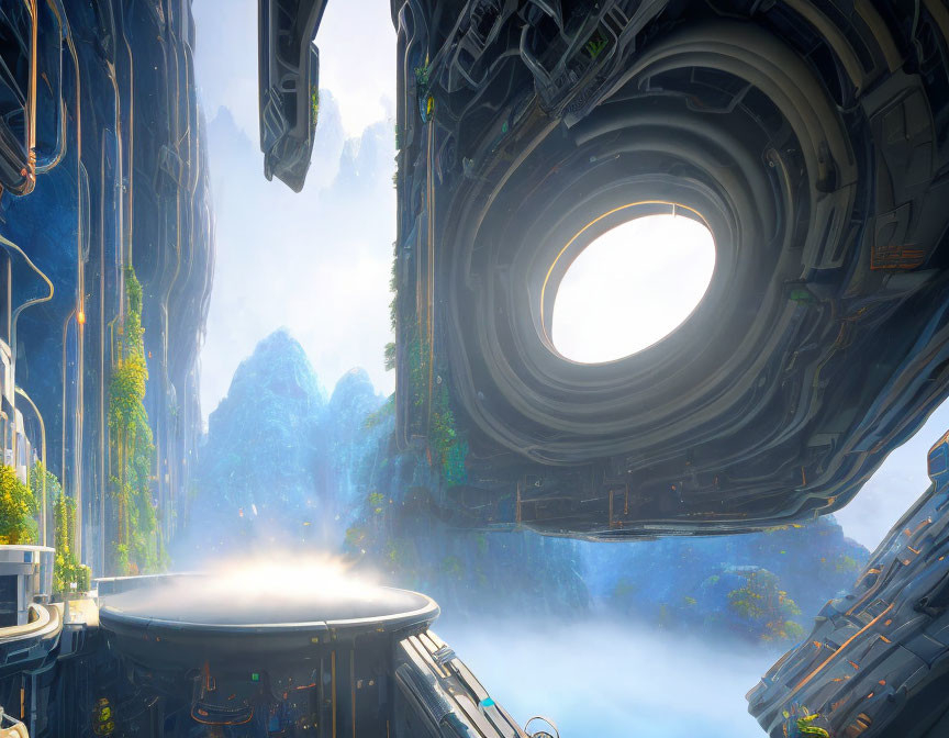 Futuristic gateway leading to lush valley with cliffs and sunlight.