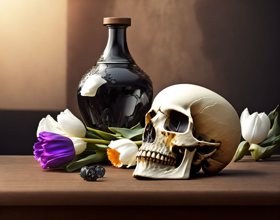 Skull, Dark Bottle, Tulips on Wooden Surface with Soft-lit Background