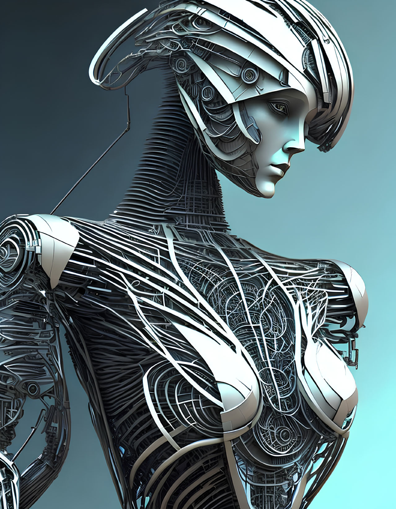 Detailed futuristic humanoid robot with intricate mechanical parts and contemplative expression