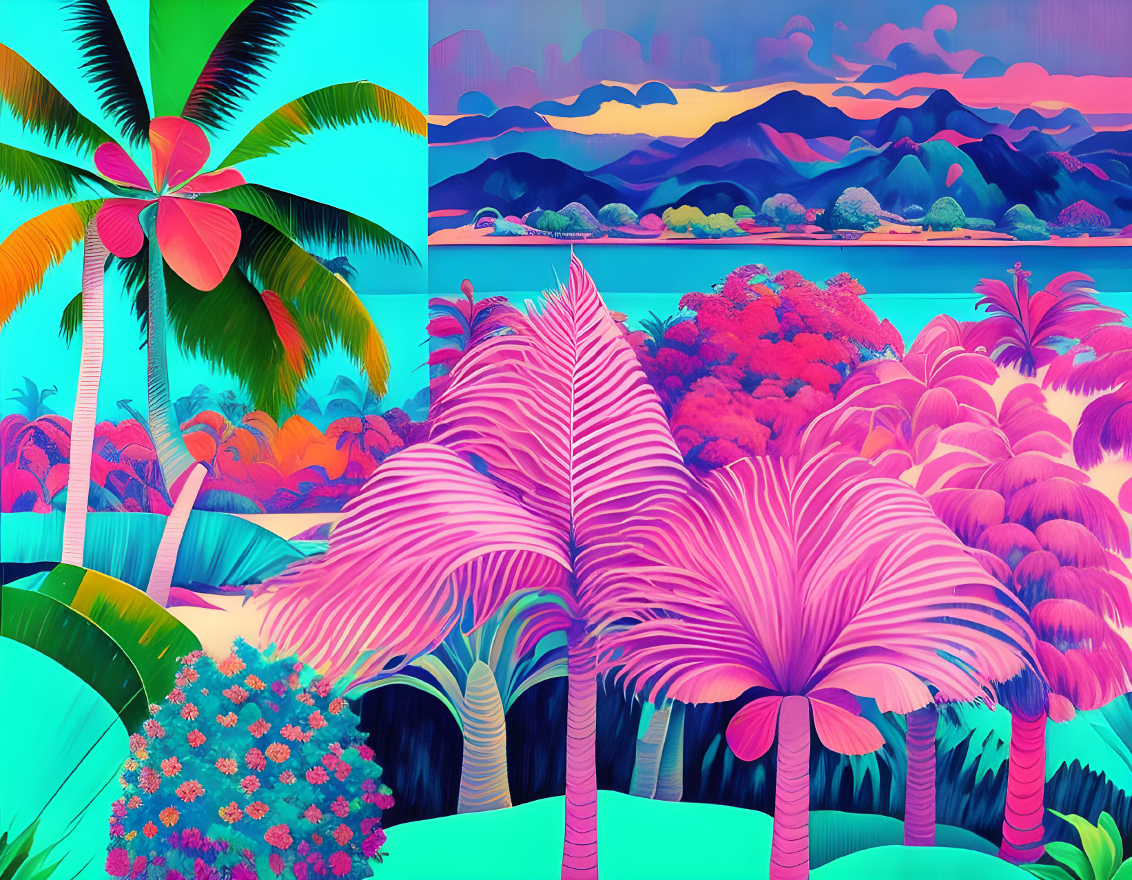 Colorful Tropical Landscape with Pink Palm Trees and Layered Mountains