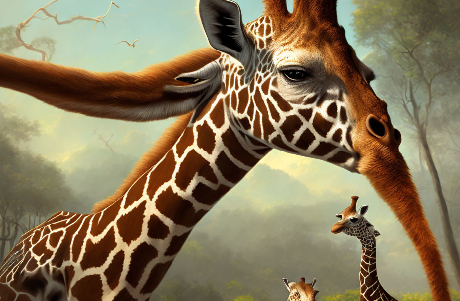 Serenely captured giraffe with birds in natural setting