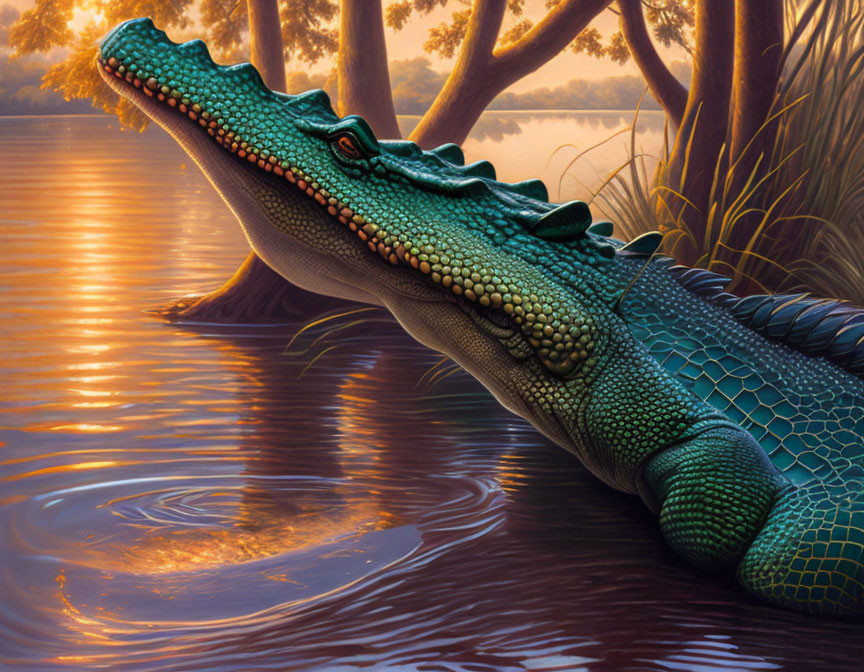 Colorful Crocodile Illustration by Tranquil River at Sunset