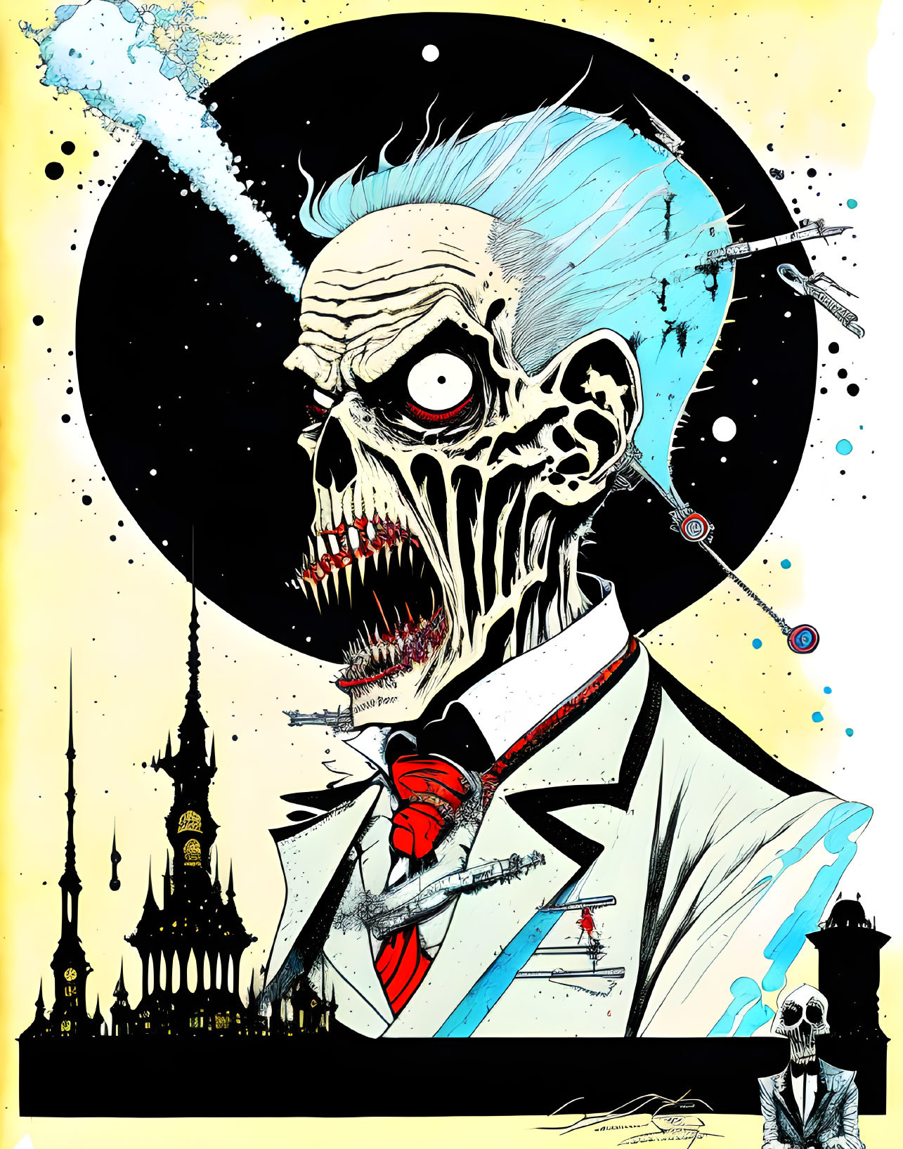 Stylized zombie in suit and red tie with cityscape and cosmic elements