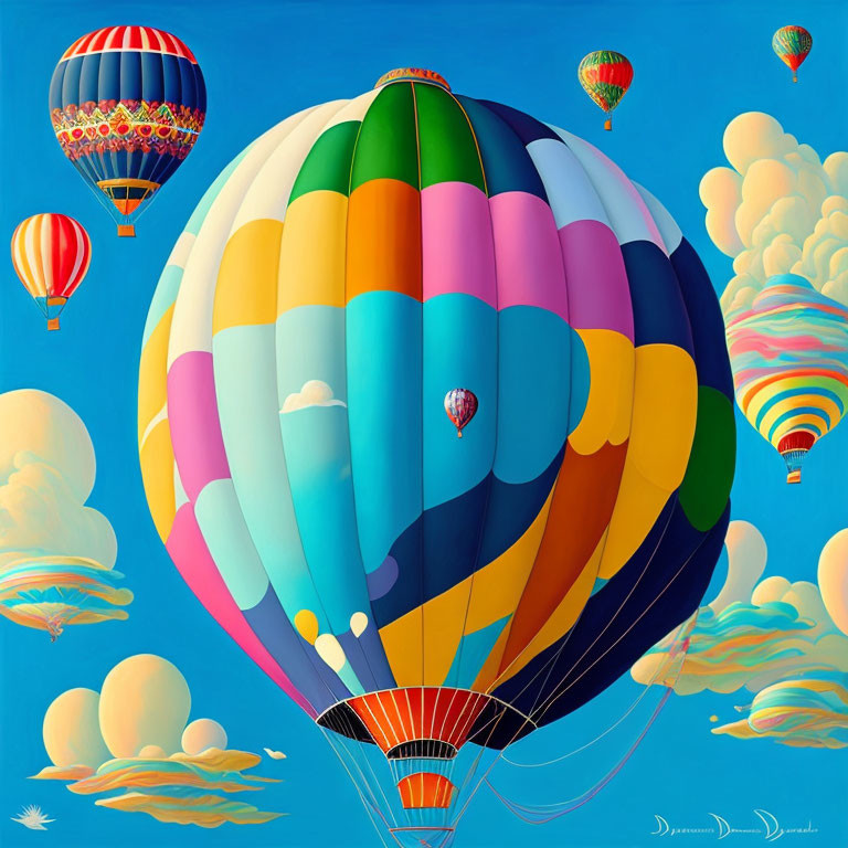 Vibrant hot air balloons in blue sky with fluffy clouds