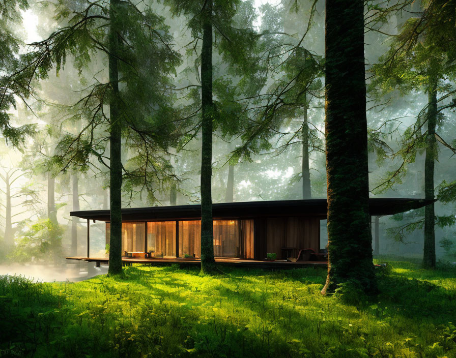 Contemporary house with large glass windows in misty forest setting