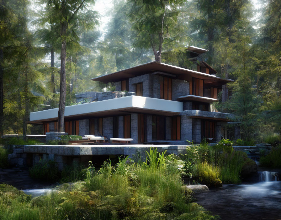 Modern multi-level house with large windows by serene stream & lush trees.