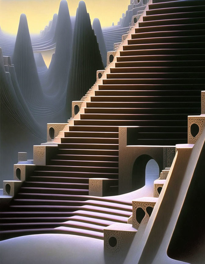 Surreal landscape with towering spires, staircases, and archways