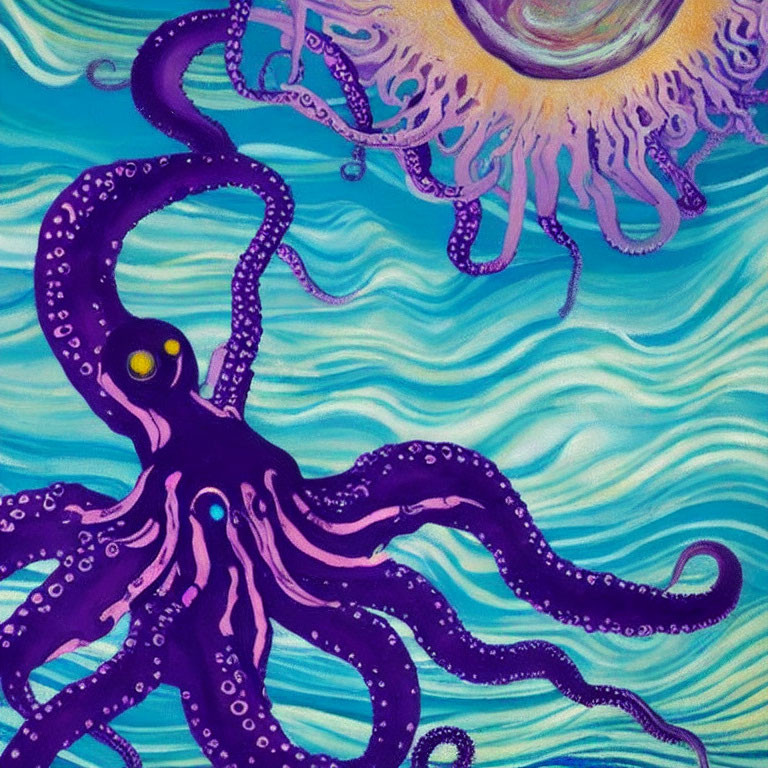 Vibrant purple octopus in blue waters with yellow eyes and sun motif