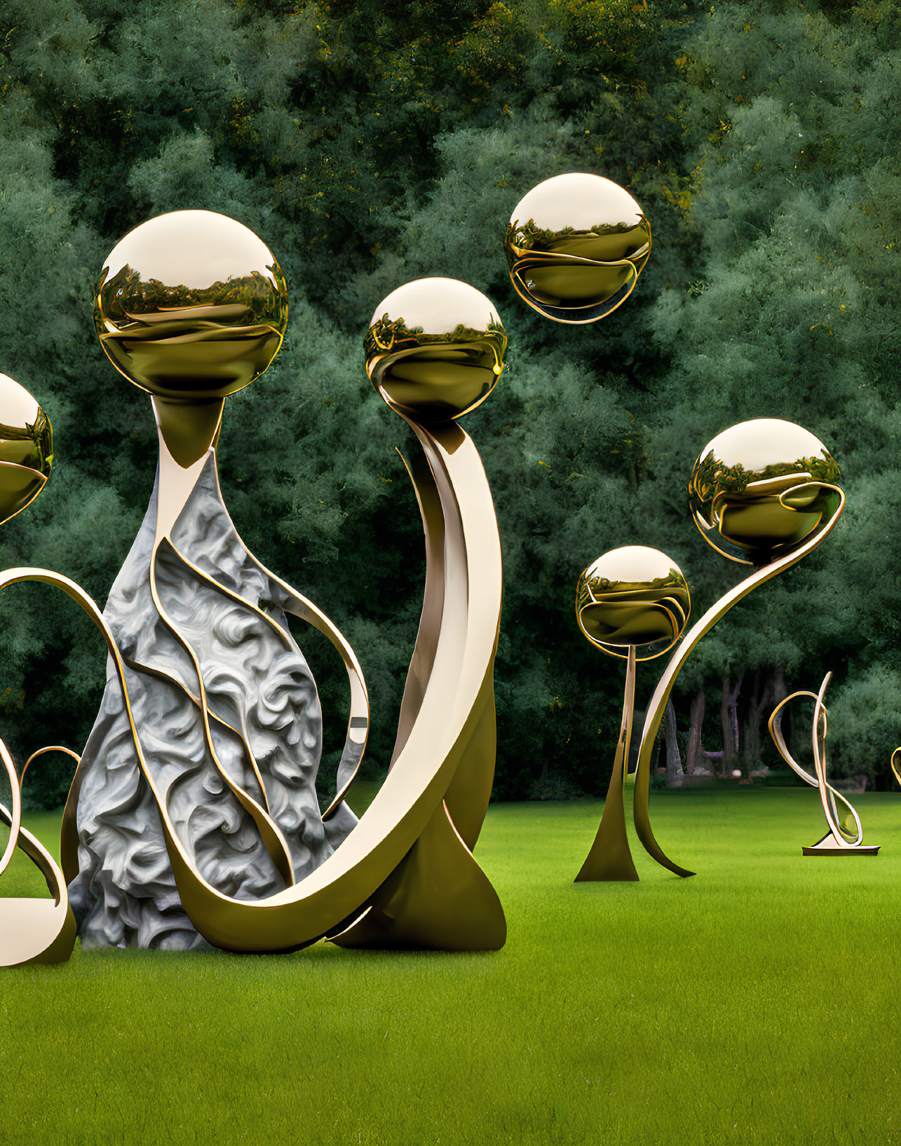 Golden sphere abstract sculptures on silver pedestals amidst green trees