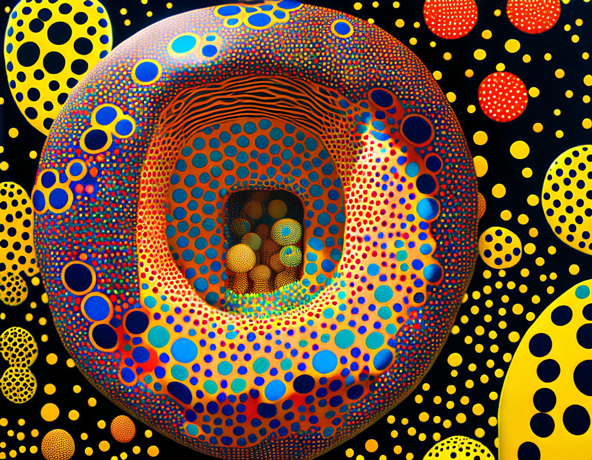 Colorful Artwork: Tunnel-like Pattern with Polka Dots and Dotted Spheres