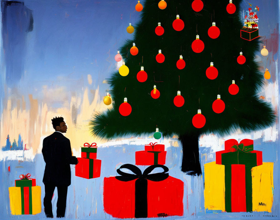 Person admiring Christmas tree and presents in festive setting.