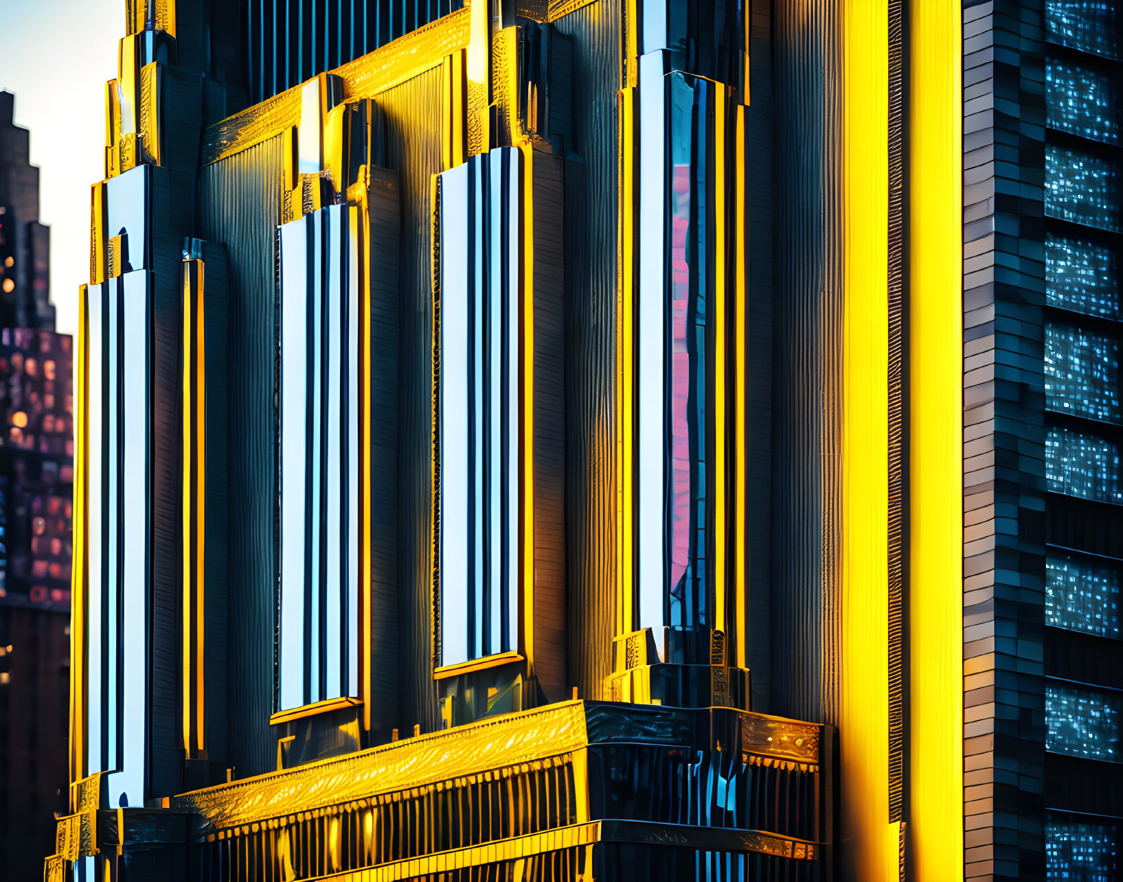 Modern skyscrapers with glowing windows and reflective glass facade at dusk