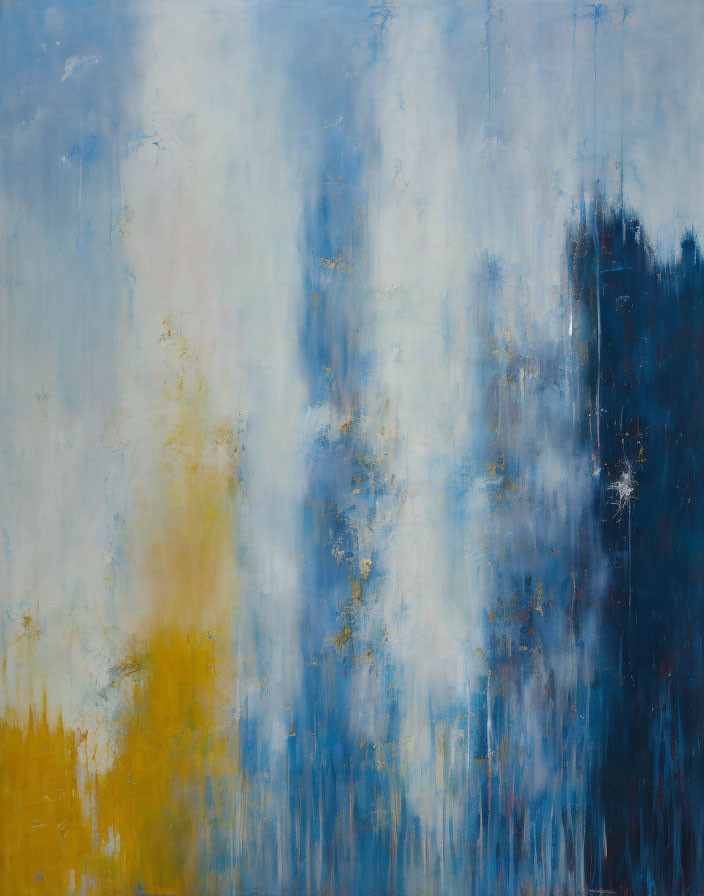 Blue, White, and Yellow Abstract Painting with Vertical Streaks