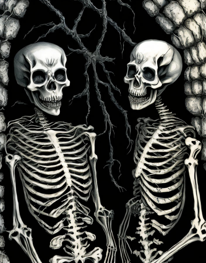 Illustrated skeletons with detailed bone structure on black background.