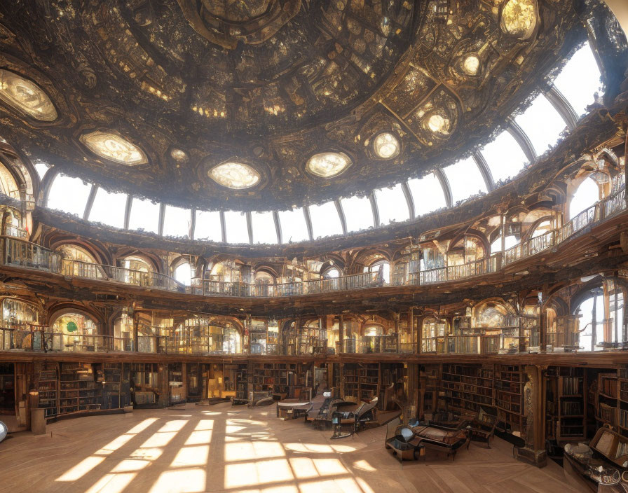 Circular two-story library with wood-panelled walls, domed ceiling, and sunlight-filled ambiance