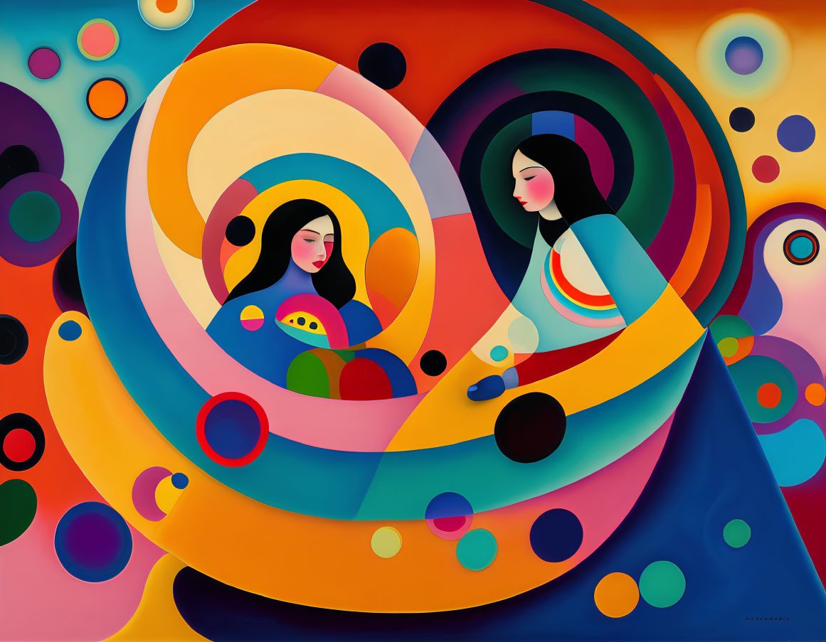 Colorful Abstract Painting: Stylized Female Figures in Harmonious Composition