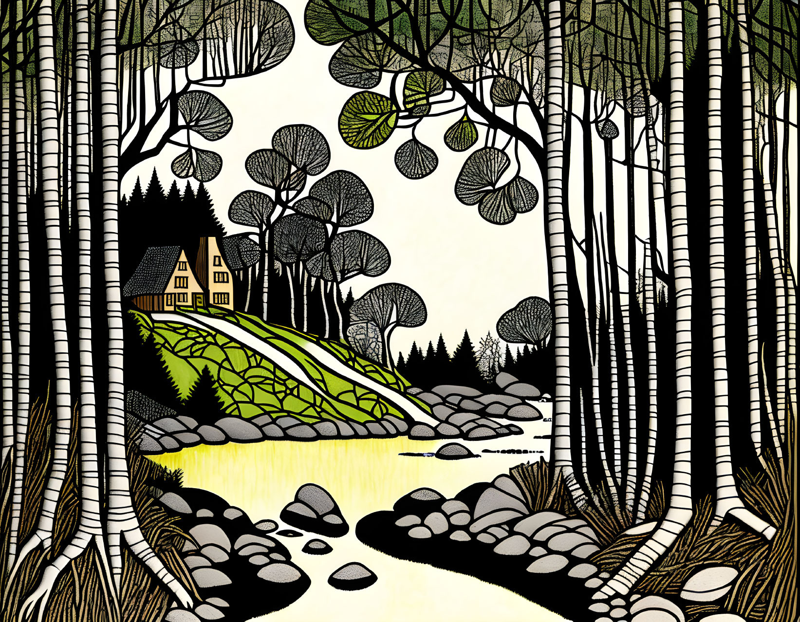 Monochrome forest illustration with house, river, and detailed foliage