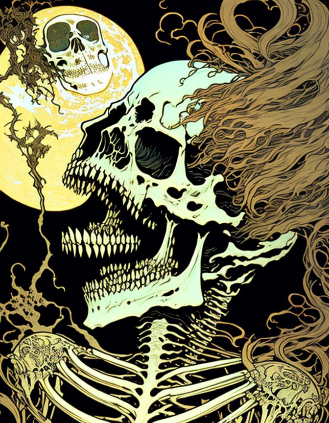 Skeleton with Exaggerated Features in Golden Tones and Full Moon