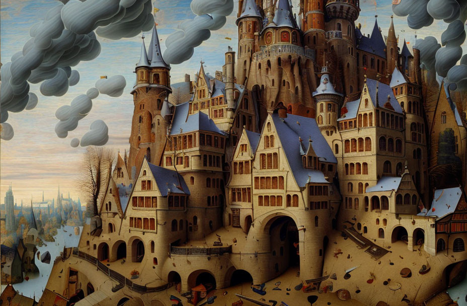 Fantastical castle with multiple spires and floating rock formations