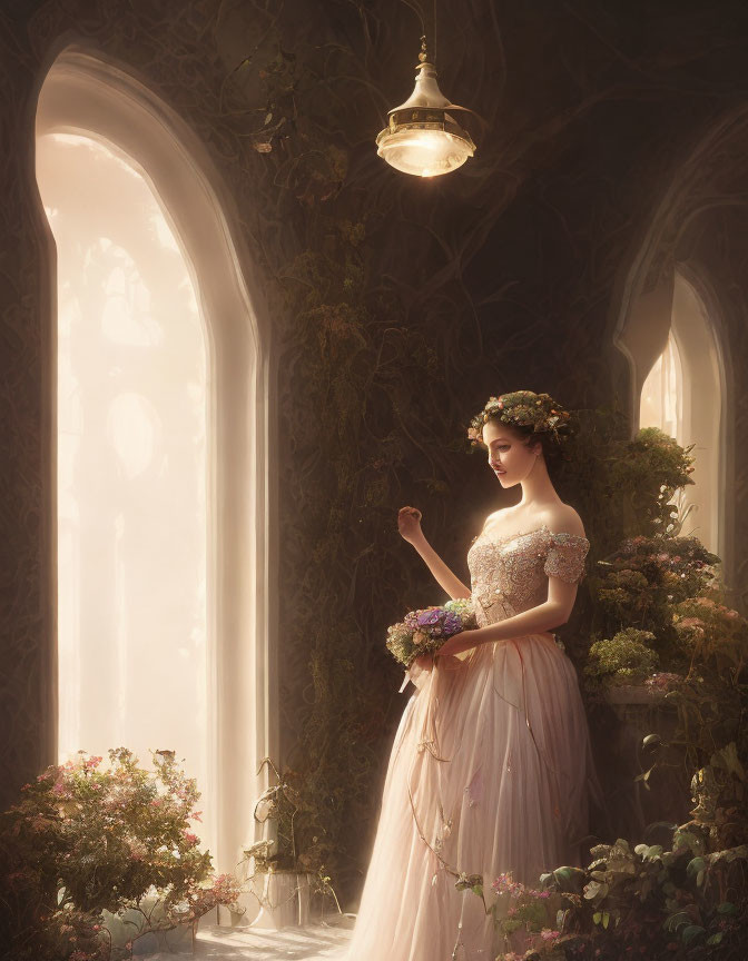 Elegant woman in gown with bouquet by flower-adorned window in serene sunlight.