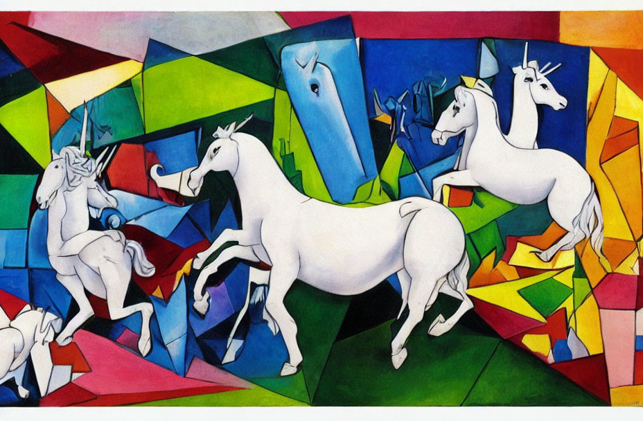 Colorful Cubist Painting of White Unicorns on Geometric Background