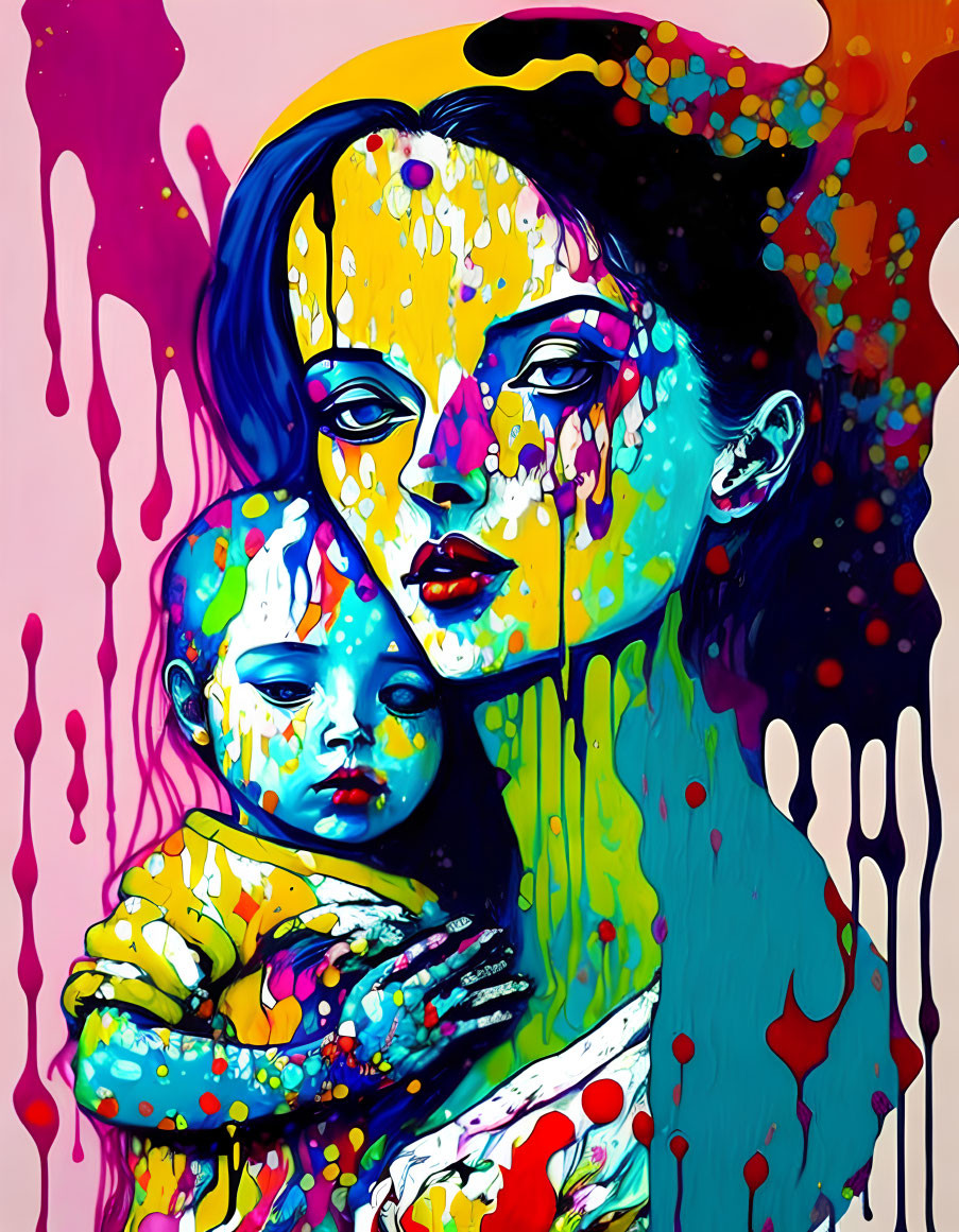 Colorful artwork of woman and child with vibrant paint splatter effect