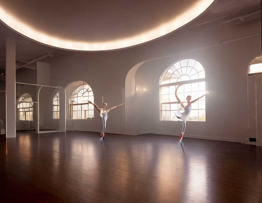 Ballet dancer practicing in sunlit studio with arched windows