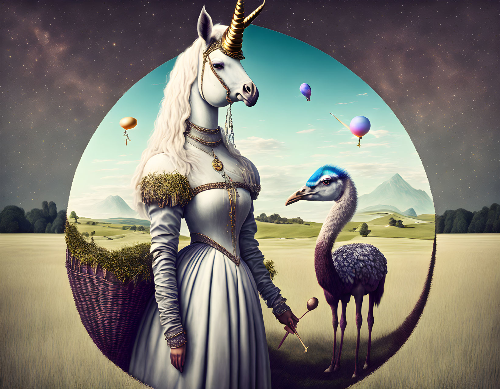 Fantastical image of unicorn and peacock in dress and collar with floating balloons